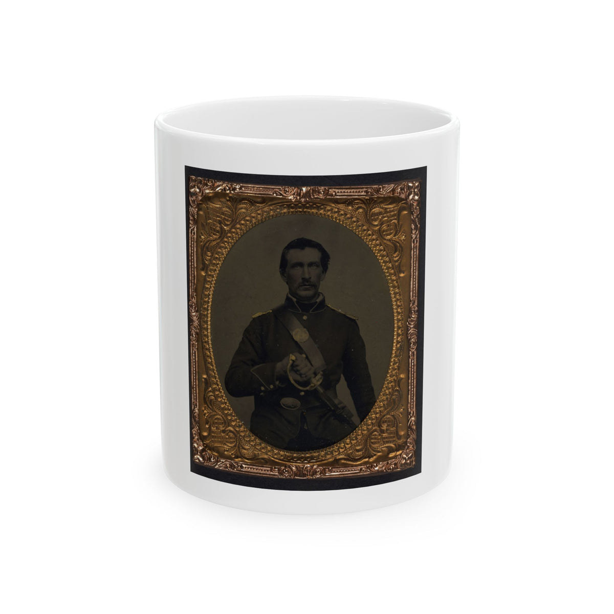 Sepia tintype of a moustached soldier in a dark uniform with a sash, holding a sabre, in an embossed gilt oval frame.