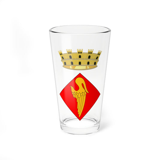 Red lozenge-shaped heraldic emblem with a gold wing, topped by a gold mural crown with battlements and arched openings.