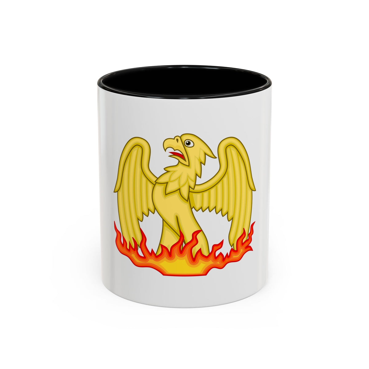 A gold phoenix with its wings spread wide, standing in a bed of red and orange flames on a white background.