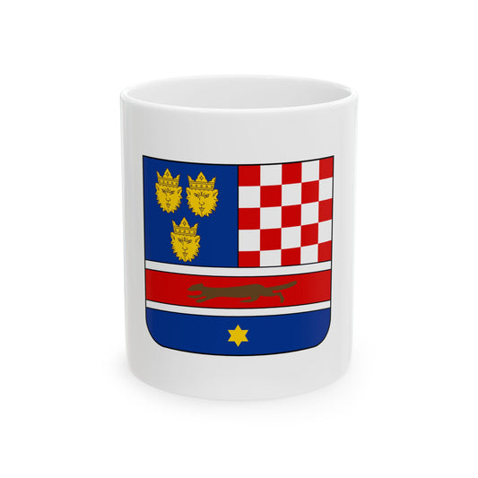 Heraldic shield with three crowned gold lion heads on blue, a red and white checkerboard and a gold star.
