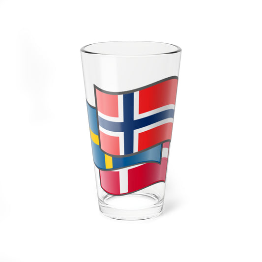 Three glossy waving Nordic flags stacked together, Norway in front, with Sweden and Denmark behind, on white.