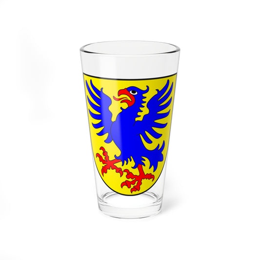 Blue eagle with spread wings and red talons standing on a solid yellow heraldic shield.