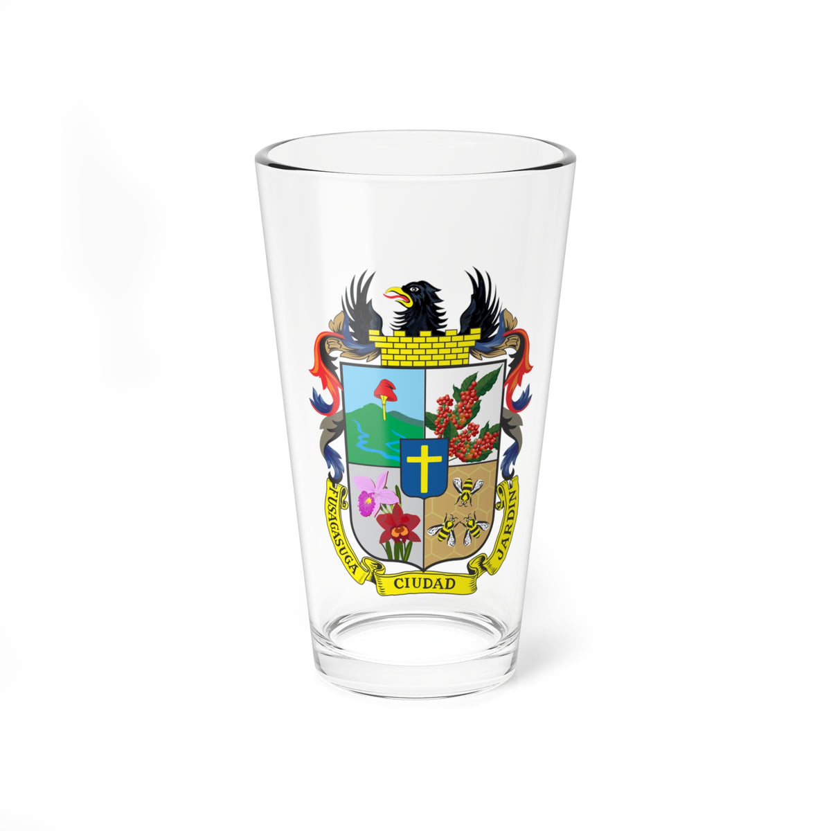 Heraldic coat of arms with a black eagle, a quartered shield of hills, coffee, orchids and bees.