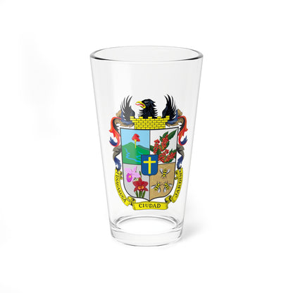 Heraldic coat of arms with a black eagle, a quartered shield of hills, coffee, orchids and bees.