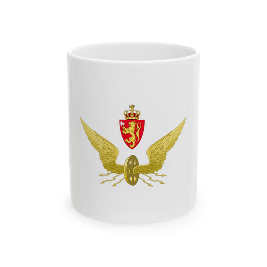 Gold winged wheel with lightning bolts above a small red shield bearing a gold lion beneath a crown.