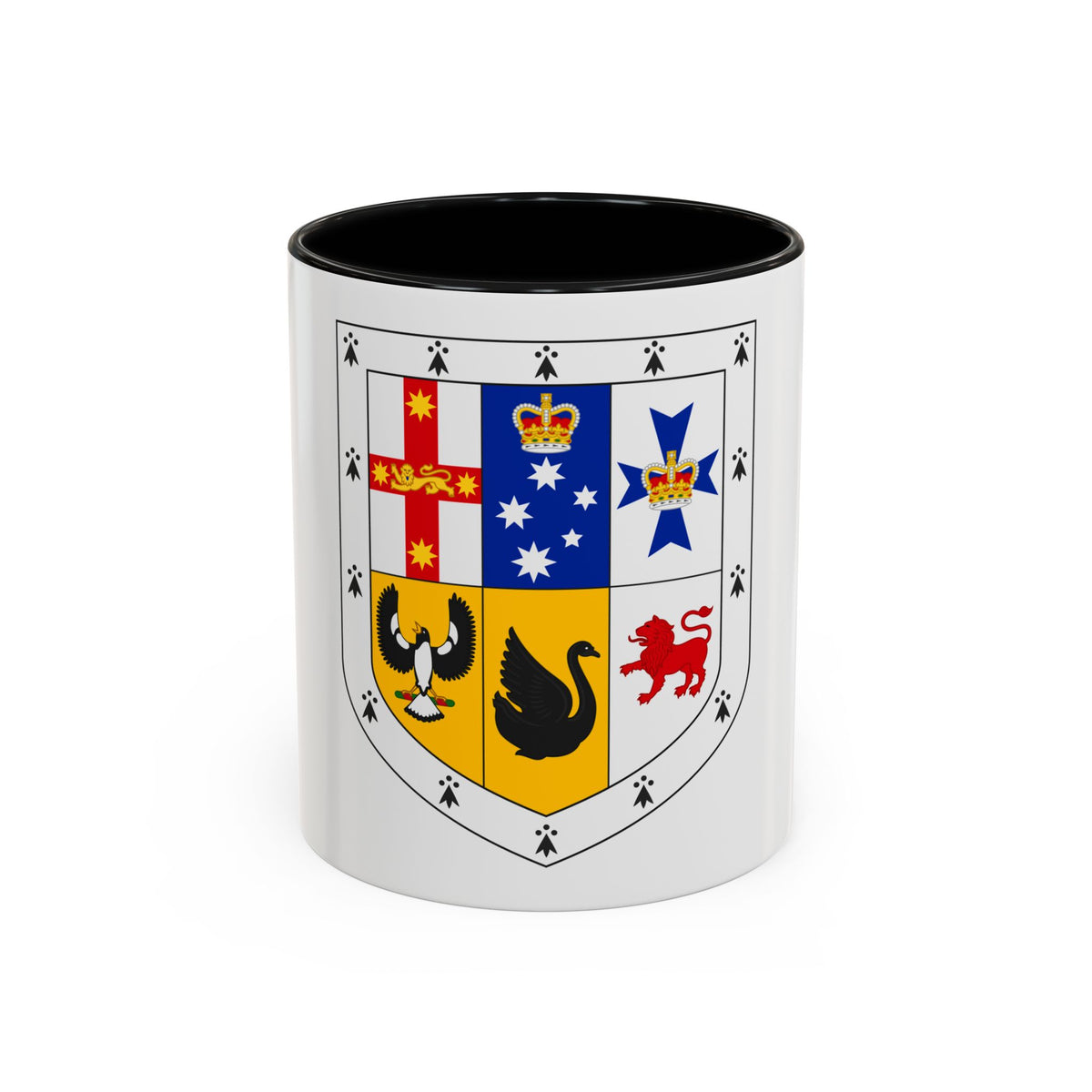 Quartered heraldic shield showing a magpie, black swan, red lion and Southern Cross stars on a white border.