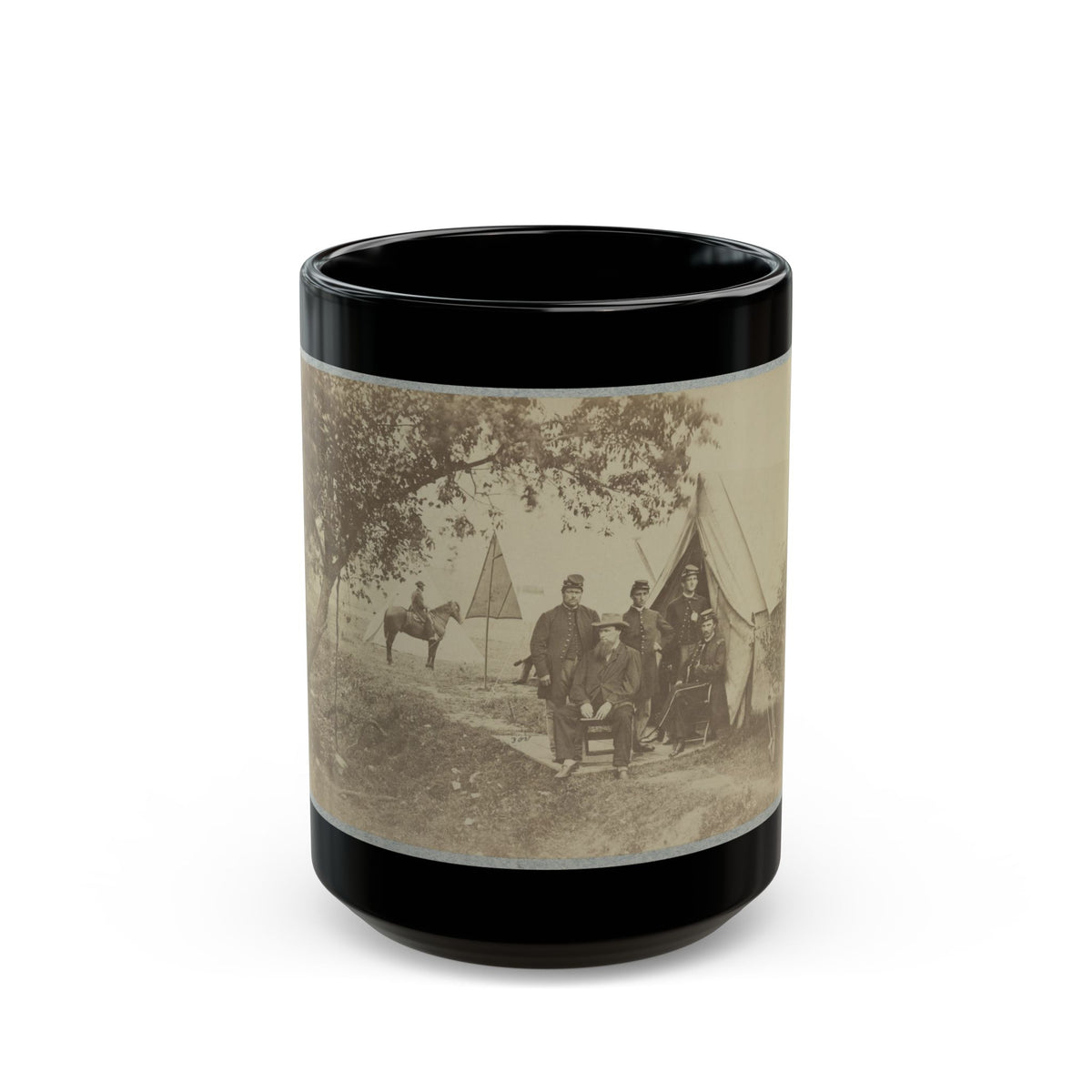 Group Of Five Officers Outside A Tent With A Man Sitting On A Horse In The Background (U.S. Civil War) Black Coffee Mug