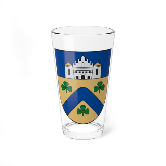 Heraldic shield with a grey castle gate and twin towers on blue, a blue chevron on gold, and three green shamrocks.