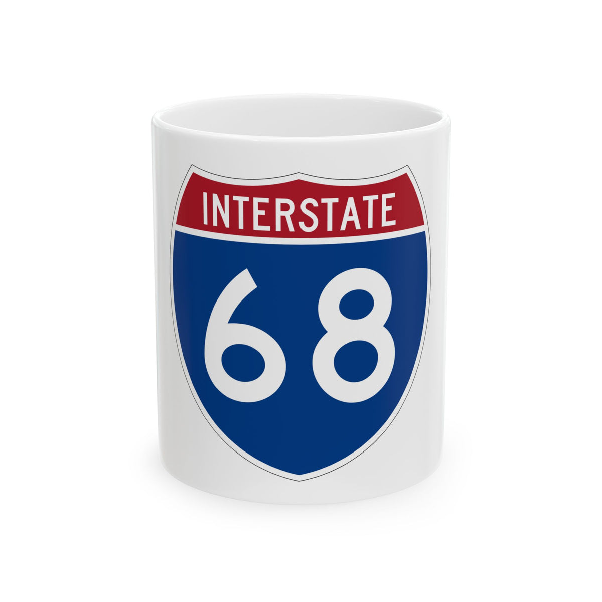 Flat vector US Interstate 68 highway shield with white INTERSTATE lettering above the number 68 on a navy blue field.