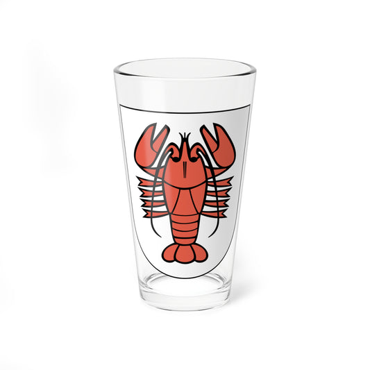 Stylised red lobster with black outlines, centred on a white shield-shaped heraldic badge.