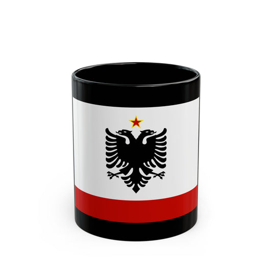 Black double-headed eagle with a red star above it on a white field, with a red band along the bottom.