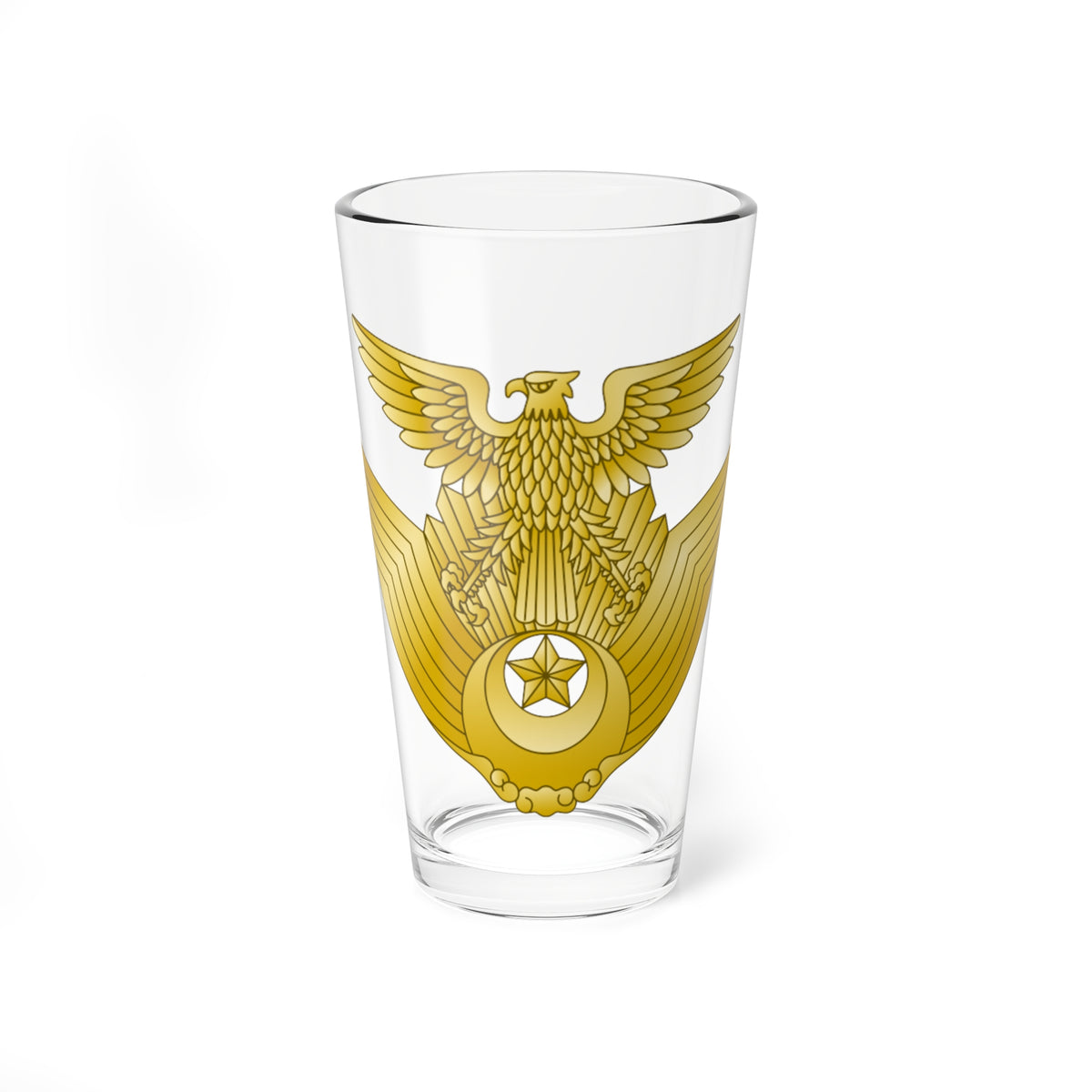 Gold eagle with spread wings and rays above a crescent moon and five-pointed star on a white background.