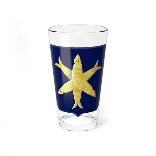 Three gold fish meet at a central point in a radiating arrangement on a navy blue heraldic shield.
