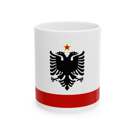 Black double-headed eagle with a red star above it on a white field, with a red band along the bottom.