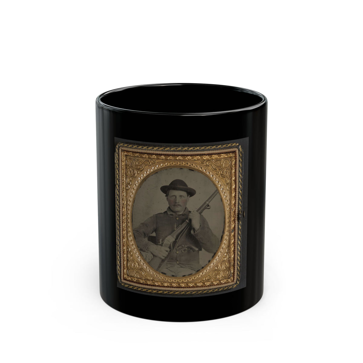 Unidentified Soldier In Confederate Uniform With Berdan's Sharps Rifle And Colt 1862 Police Model Pistol (U.S. Civil War) Black Coffee Mug