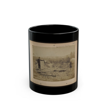 Military Railroad Operations In Northern Virginia  Man Standing On Railroad Tracks Holding Twisted Rail (U.S. Civil War) Black Coffee Mug
