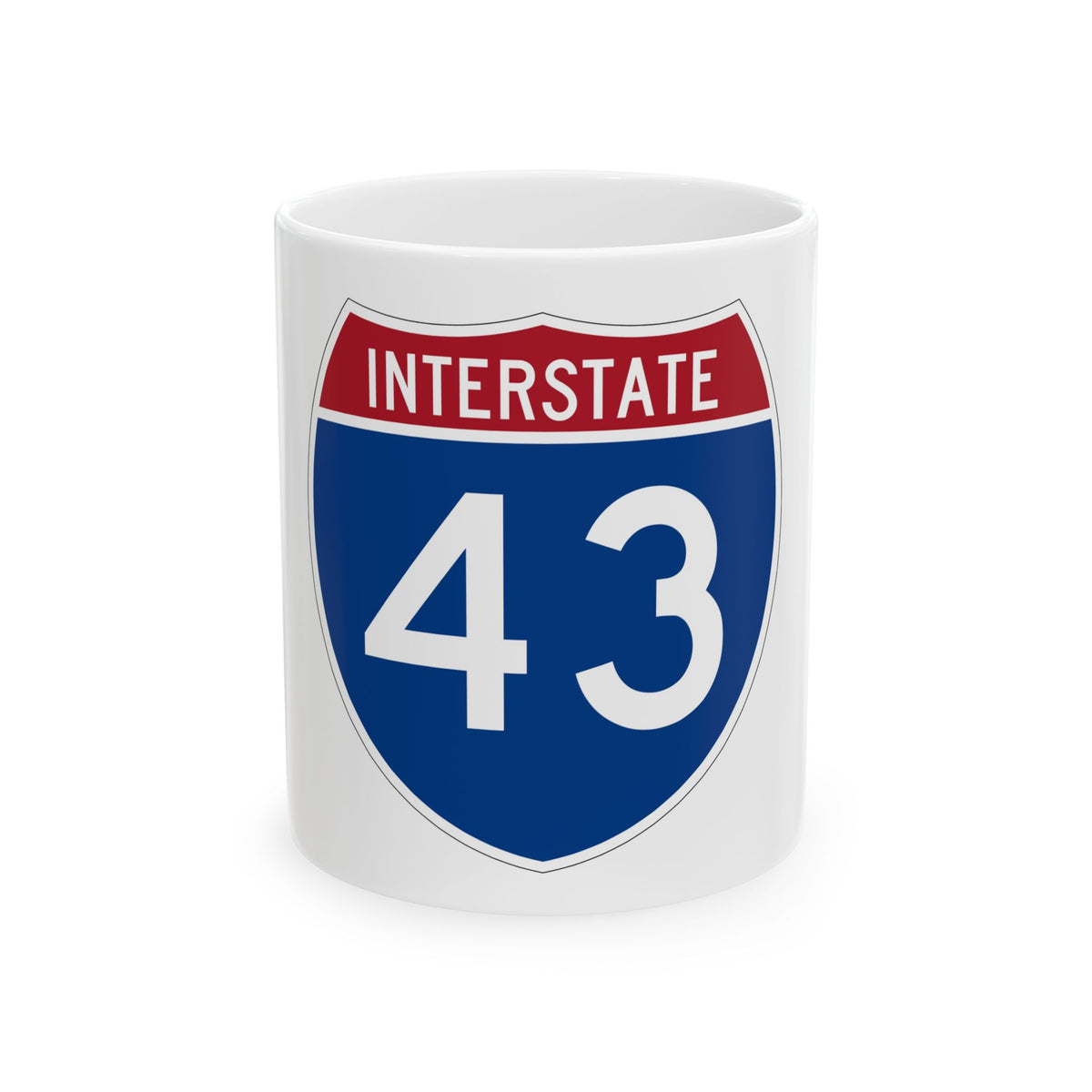 Navy and white Interstate 43 highway shield with a red INTERSTATE band across the top, in flat vector style.