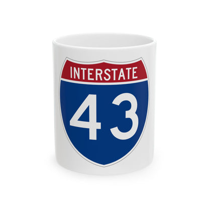 Navy and white Interstate 43 highway shield with a red INTERSTATE band across the top, in flat vector style.