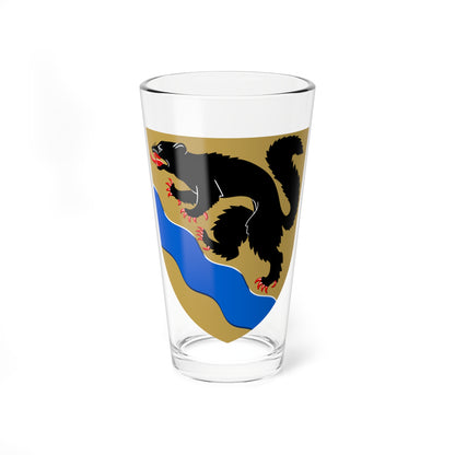 Gold heraldic shield with a black rampant beast, red-clawed, above a wavy blue bar.