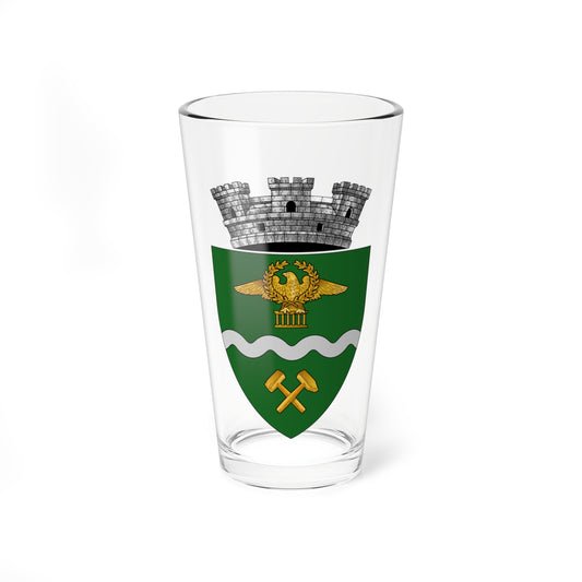 Gold eagle in a laurel wreath and crossed gold hammers on a green shield with a silver wavy band, under a castle.