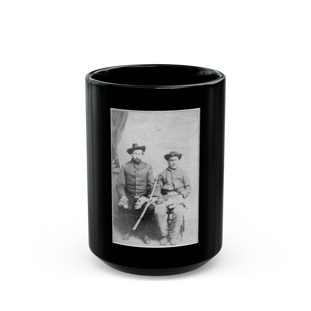 Two Unidentified Civil War Soldiers In Union Uniforms, Seated In A Photographer's Studio; One Is Holding A Saber (U.S. Civil War) Black Coffee Mug