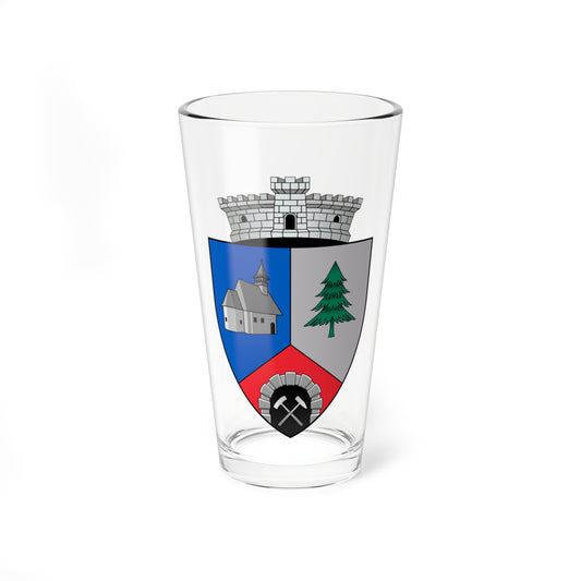 Heraldic coat of arms with a grey church on blue, a green fir tree on silver, and crossed mining tools on red.
