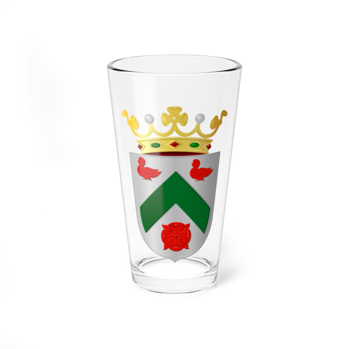 Coat of arms with a silver shield, a green chevron, two red ducks, a red rose, and a gold crown on top.