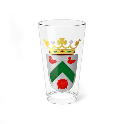 Coat of arms with a silver shield, a green chevron, two red ducks, a red rose, and a gold crown on top.