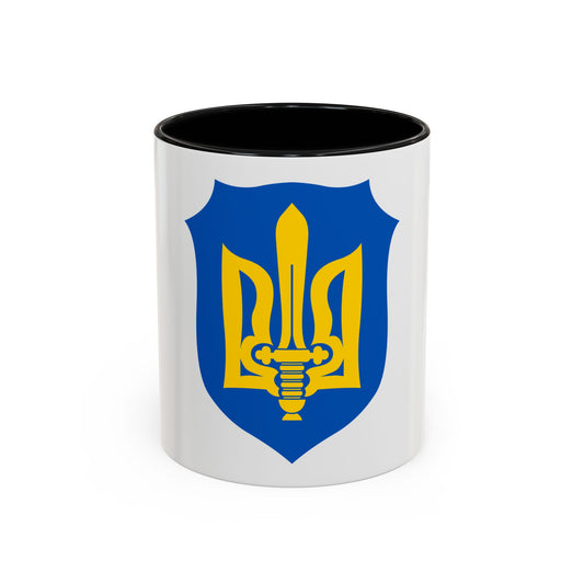 Gold trident with a round pommel and knot ornament on a royal blue shield with a scalloped top edge.