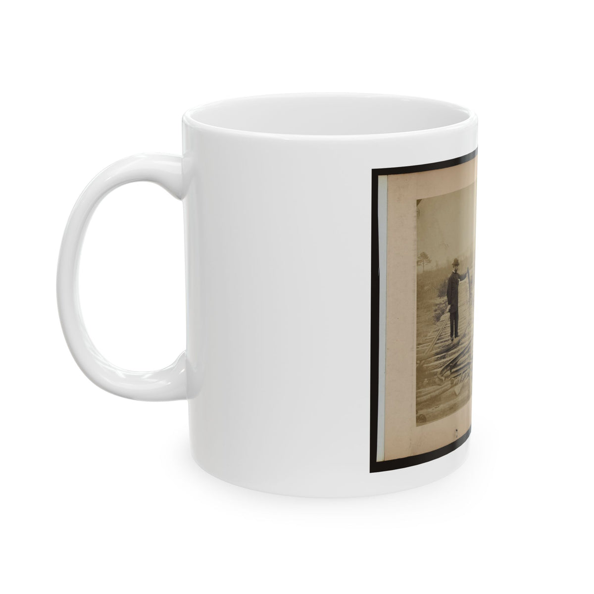 Military Railroad Operations In Northern Virginia  Man Standing On Railroad Tracks Holding Twisted Rail (U.S. Civil War) White Coffee Mug