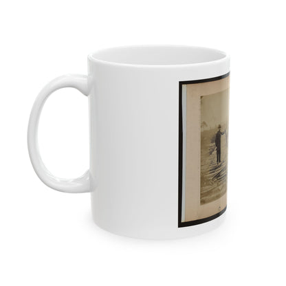 Military Railroad Operations In Northern Virginia  Man Standing On Railroad Tracks Holding Twisted Rail (U.S. Civil War) White Coffee Mug
