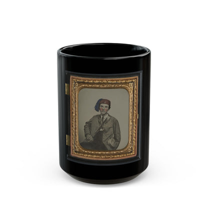 Unidentified Soldier In Confederate Uniform With  I  Buttons And Company B Hat With Tin Drum Canteen (U.S. Civil War) Black Coffee Mug