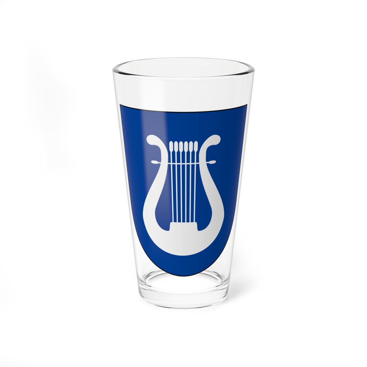 White six-stringed lyre centred on a royal blue heraldic shield in a flat vector emblem design.