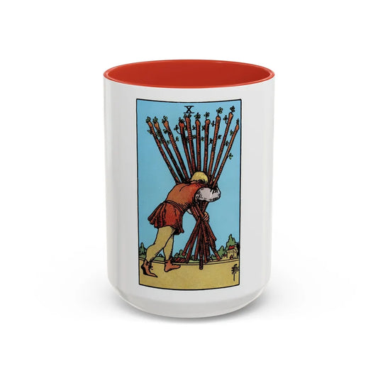 The 10 of Wands (Tarot Card) Accent Coffee Mug-15oz-Red-Go Mug Yourself