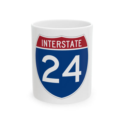 Brick red and navy Interstate 24 route marker, flat vector, with INTERSTATE across the top and white numerals below.