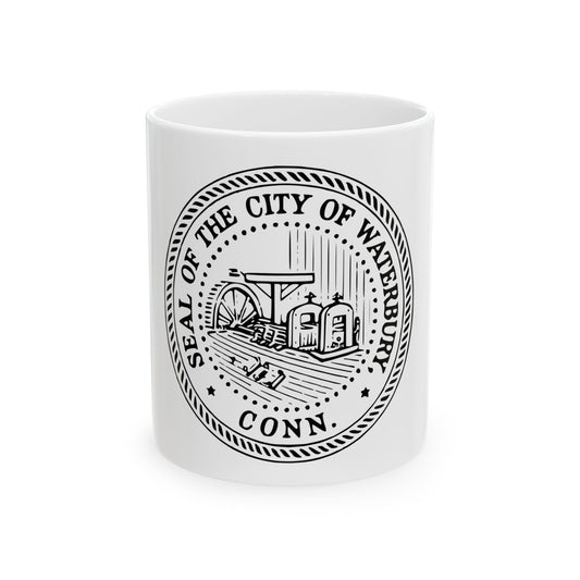 Black and white seal of Waterbury, Connecticut with a water wheel and mill buildings inside a rope border.