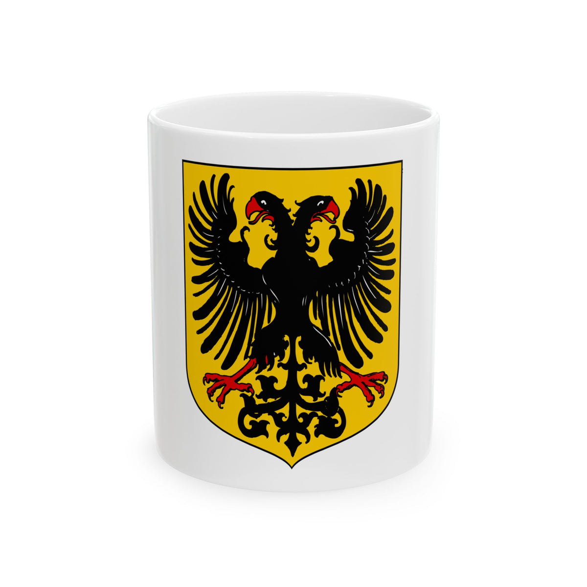 Black double-headed eagle with red beaks and talons and outspread wings on a gold heraldic shield.