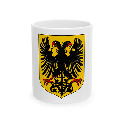 Black double-headed eagle with red beaks and talons and outspread wings on a gold heraldic shield.