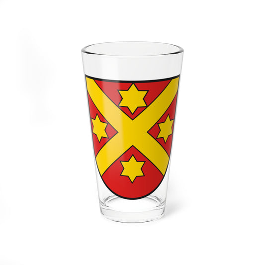 Red heraldic shield with a yellow saltire cross and four yellow six-pointed stars, outlined in black.
