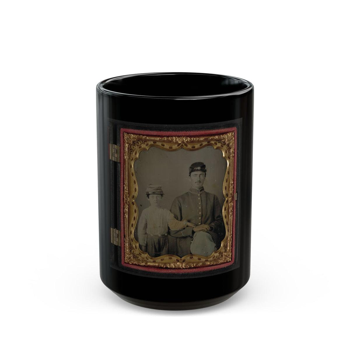 Unidentified Soldier In Union Uniform And Kepi With Unidentified Young Boy, Probably Father And Son (U.S. Civil War) Black Coffee Mug