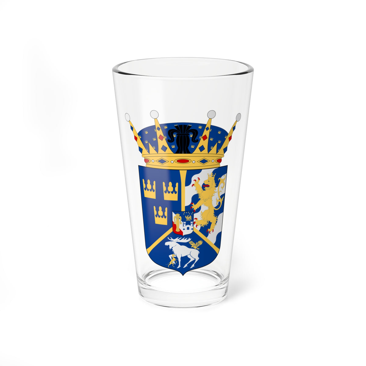Armorial panel with three gold crowns, a crowned lion on waves, a silver elk and an inset escutcheon below a coronet.