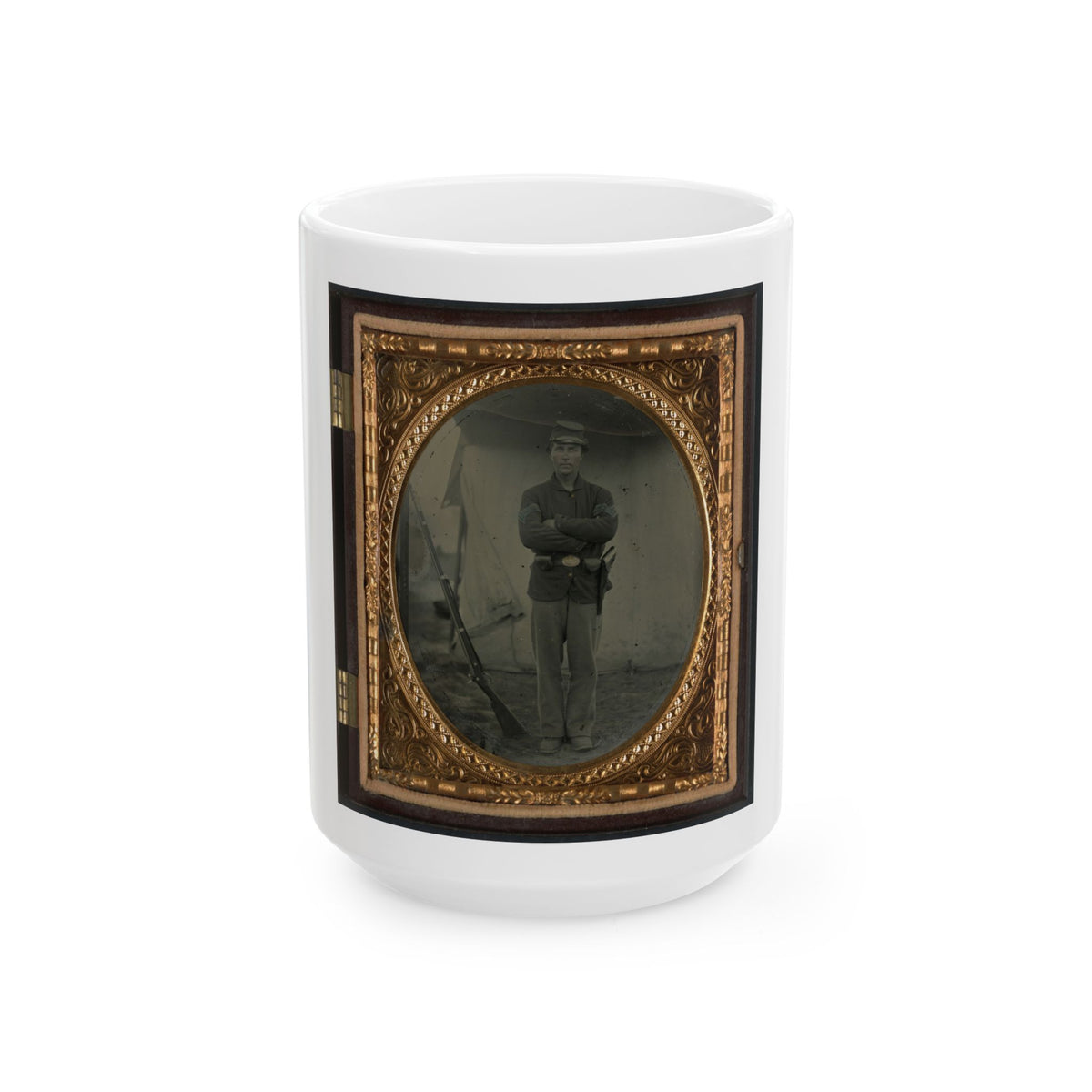 Unidentified Soldier In Infantry Sergeant Uniform With Holster And Musket In Front Of Tent (U.S. Civil War) White Coffee Mug
