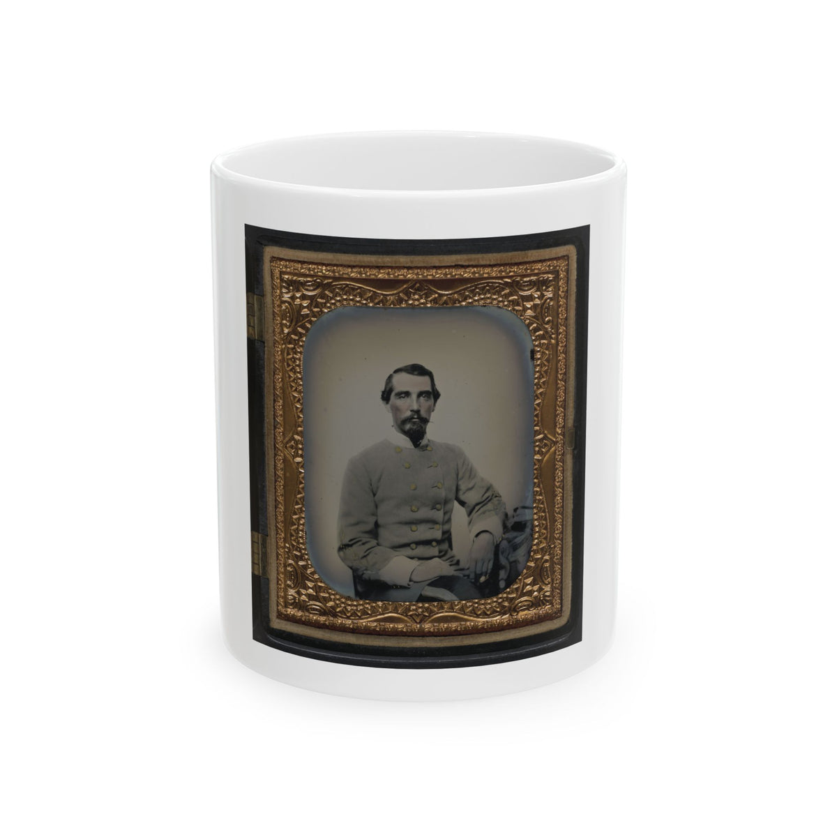 Antique tintype portrait of a bearded man in a grey double-breasted military coat, seated in an embossed gilt frame.