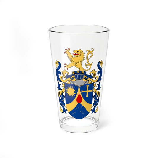 Full heraldic achievement with a gold lion crest and blue mantling over a shield with sun, cross and flame.