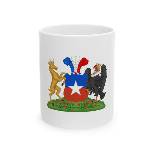 Heraldic coat of arms with a gold crowned guanaco and a black condor flanking a blue and red shield with a white star.