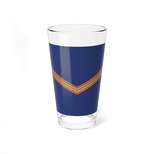 Downward-pointing gold and crimson chevron with a tan border, centered on a solid navy square background.