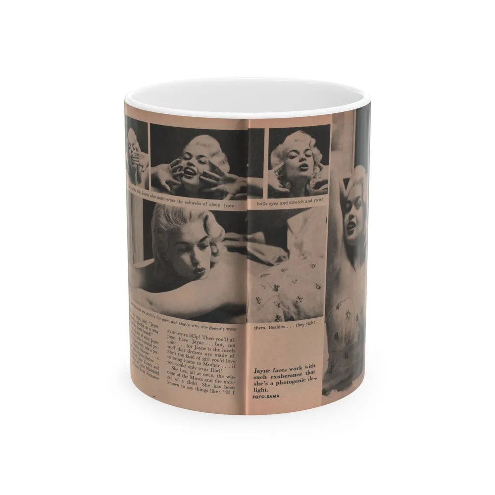 Jayne Mansfield #185 - 2 Pages, 4 B&W Photos, Captions & Article from Foto-rama Digest Mag. Dec. '56 (Vintage Female Icon) White Coffee Mug-11oz-Go Mug Yourself