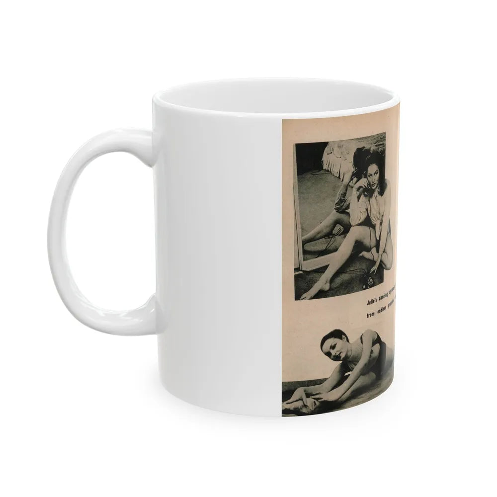 Julie Newmar #493 - Pages 54-55 Pages 5 & 6 of 8 with, Julie+4 B&W Photos & 1 Caption from EYE Digest Mag. December '54 (Vintage Female Icon) White Coffee Mug-Go Mug Yourself