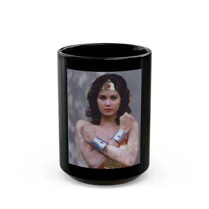 Lynda Carter #232 - Wonder Woman Photo (Vintage Female Icon) Black Coffee Mug-15oz-Go Mug Yourself