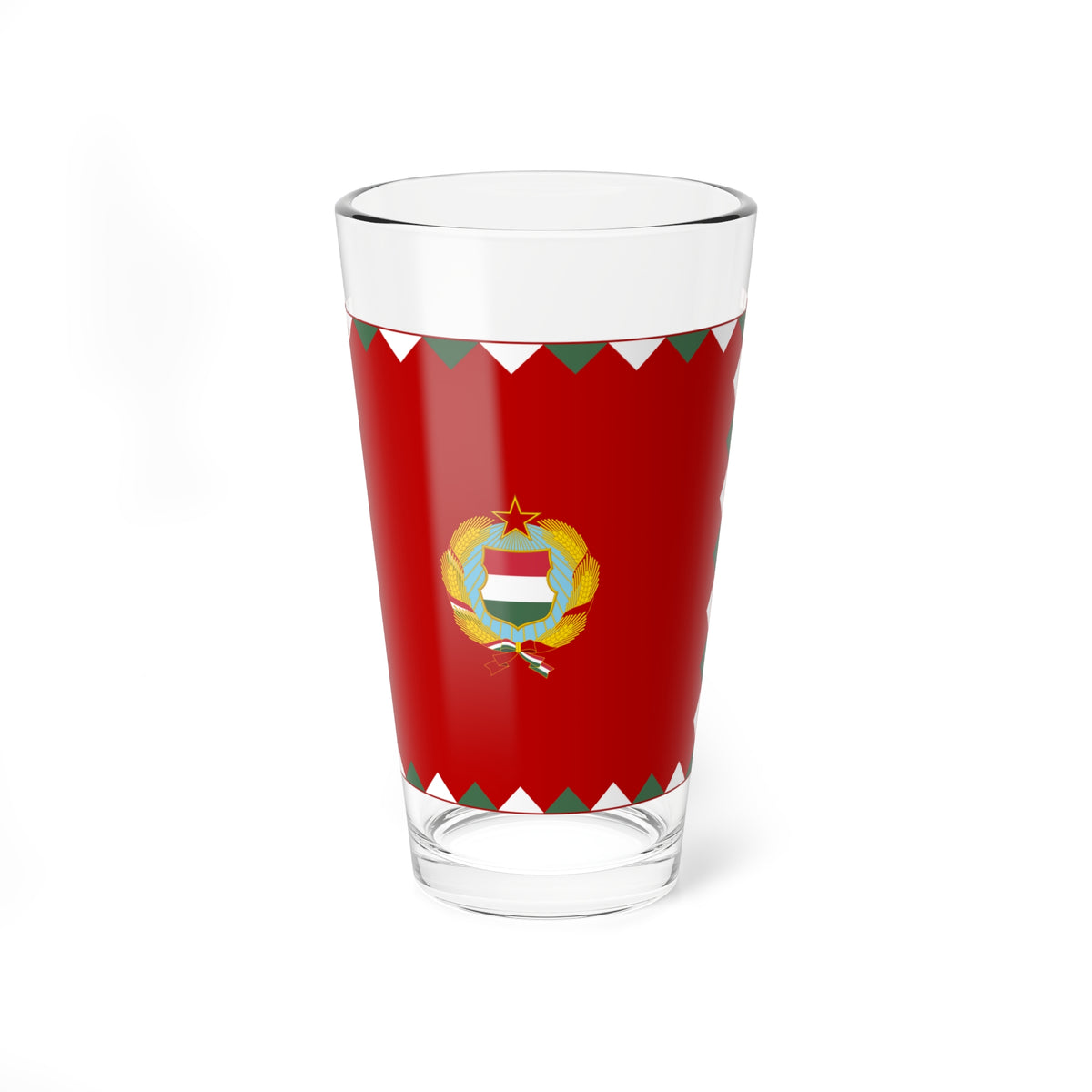 Red Hungarian flag with a white and green triangular border and a central communist coat of arms in flat vector style